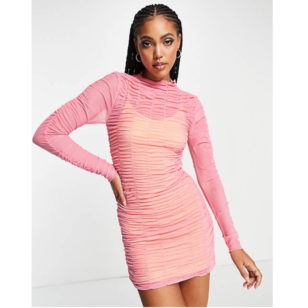 Topshop: ruched mini layered mesh mini dress in pink (NWOT)